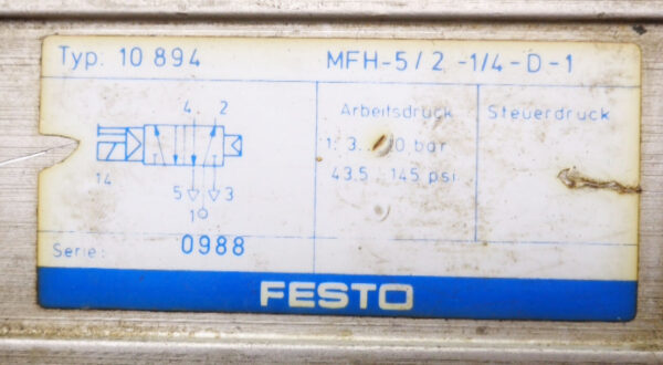 FESTO MFH-5/2-1/4-D-1 SOLENOID VALVE 10 894 0988 - Image 2