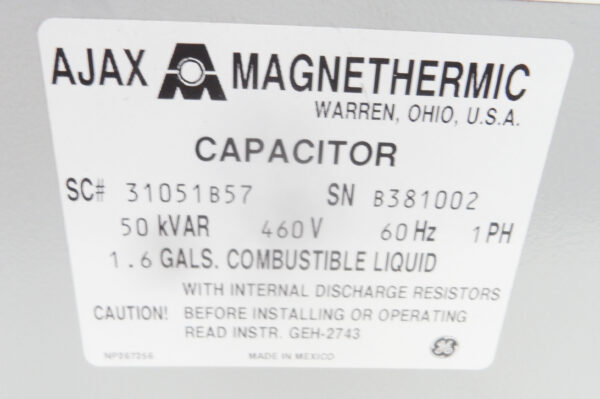 NEW AJAX MAGNETHERMIC 31051B57 CAPACITOR 50KVAR 460V 60HZ 1PH 1.6GAL - Image 8