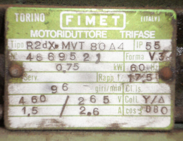 FIMET R2DXMVT80A4 MOTOR 3PH FORM V3 0.75KW 60HZ 96RPM 460/265V 1.5/2.6A - Image 6