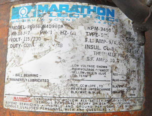 MARATHON ELECTRIC RQD56CB4D980A AC MOTOR 3450RPM 1/2HP 56J-7 FRAME 1PH 60HZ - Image 6