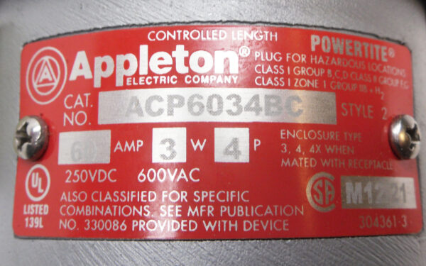 NEW APPLETON ACP6034BC POWERTITE PLUG 60A 3W 4P STYLE 2 - Image 4