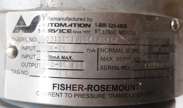 FISHER-ROSEMOUNT 3311DS1J1B4F2G1G2 CURRENT TO PRESSURE TRANSDUCER 35PSI - Image 6