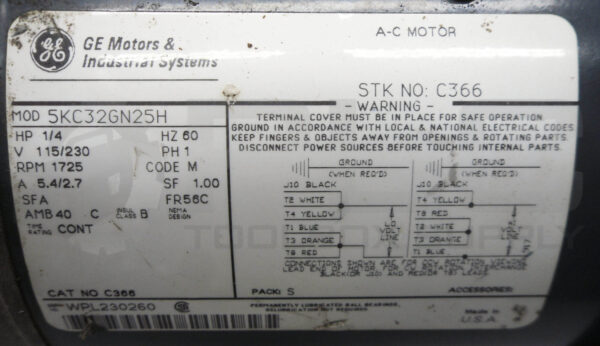 GENERAL ELECTRIC 5KC32GN25H MOTOR 1PH 1/4HP 1725RPM FR: 56C - Image 6