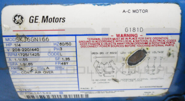 GENERAL ELECTRIC 5K36GN166 MOTOR 1/4HP 3PH 1725RPM FR: 48Y w/ GAST PUMP - Image 6