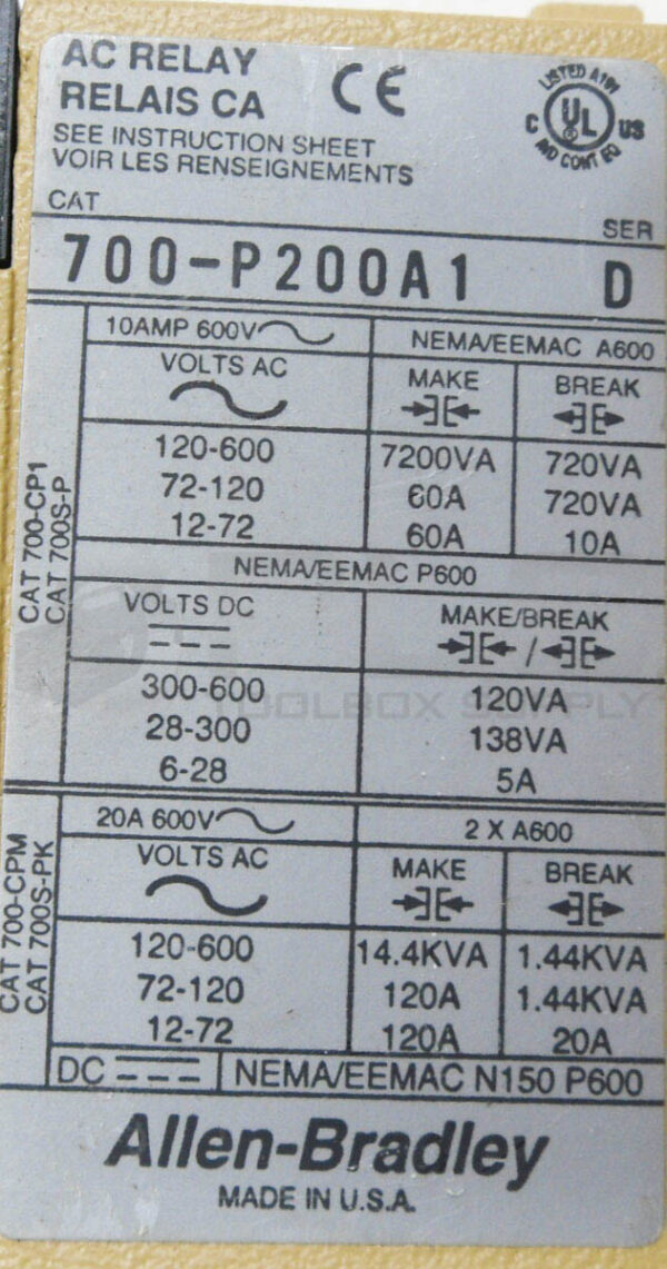 LOT OF 2 ALLEN BRADLEY 700-P200A1 /D AC RELAY 600VAC 60A - Image 6