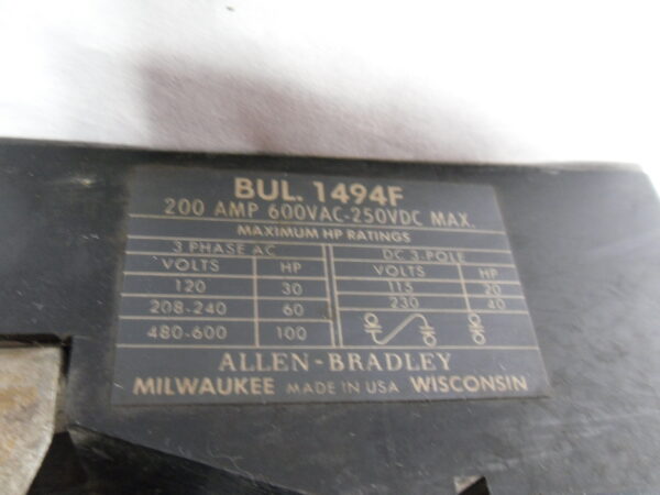 ALLEN BRADLEY 1494F DISCONNECT SWITCH BODY 200A 600VAC 250VDC - Image 5