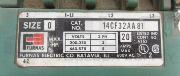 FURNAS 14CF32AA81 MAGNETIC STARTER 600VAC 3PH SIZE 0 W/ 75D73070A COIL - Image 6