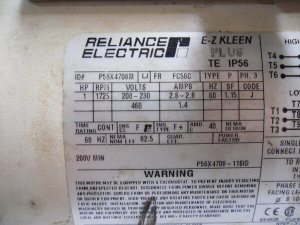 RELIANCE ELECTRIC P56X4708M  MOTOR FR: FC56C 1725RPM 1HP 3PH - Image 7