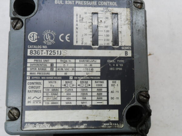ALLEN BRADLEY 836T-T251J /B PRESSURE CONTROL 600V 60A - Image 5