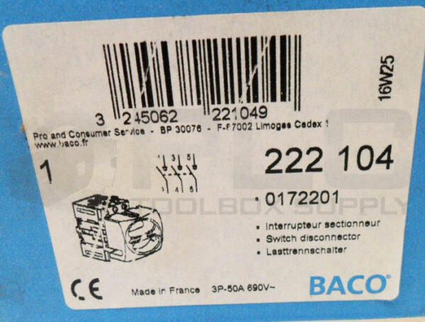 NEW BACO 222 104 DISCONNECT SWITCH 6920VAC 50A 0172201 *READ* - Image 6