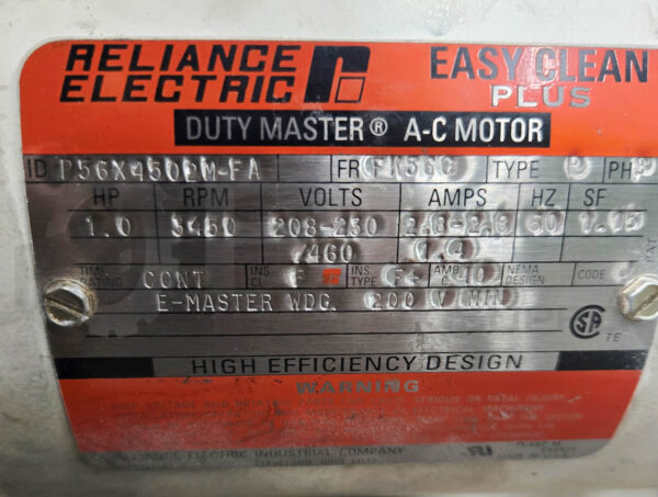 RELIANCE ELECTRIC P56X4502M MOTOR 1HP 3450RPM 208-230V 3PH 60HZ W/ BLOWER - Image 6