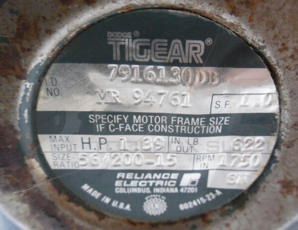 DODGE TIGEAR MR94761 GEAR REDUCER 1.39HP 1750RPM, SIZE RATIO: 56/200-15 - Image 6