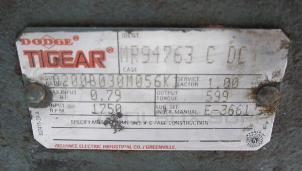 DODGE TIGEAR MR94763 GEAR REDUCER 0.79HP, 1750RPM, SIZE RATIO: Q200B030M056K - Image 6