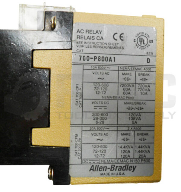 ALLEN BRADLEY 700-P800A1 /D AC RELAY 10A 600VAC - Image 5