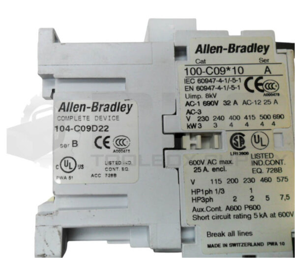 ALLEN BRADLEY 104-C09D22 /B CONTACTOR W/ 100-C09*10 /A CONTACTOR W/ 193-A1E1 /A - Image 7