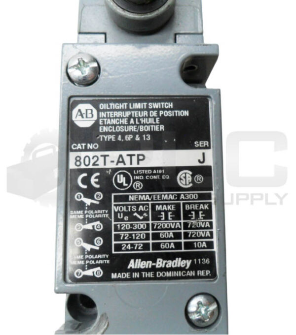 ALLEN BRADLEY 802T-ATP /J OILTIGHT LIMIT SWITCH W/ 40146-071-53 OPERATOR HEAD - Image 6