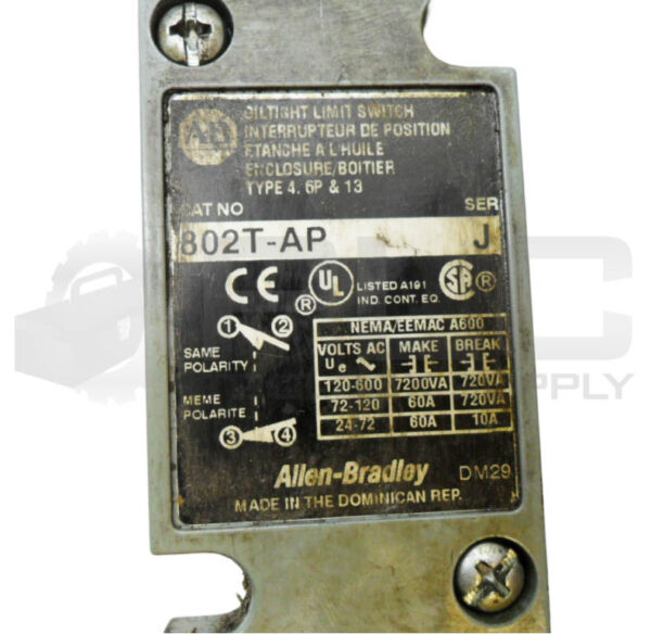 ALLEN BRADLEY 802T-AP /J LIMIT SWITCH BODY ONLY 600VAC 60A - Image 4
