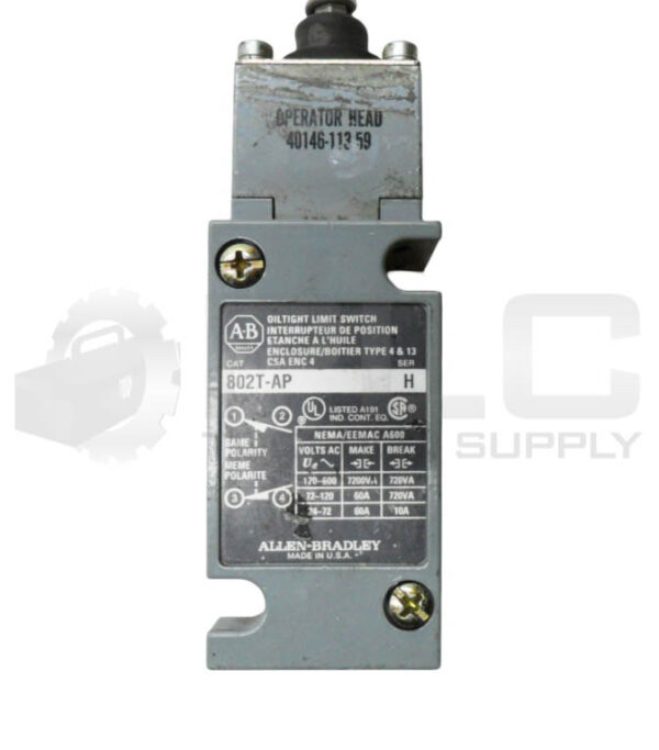 ALLEN BRADLEY 40146-113-59 OPERATOR HEAD W/ 802T-AP /H LIMIT SWITCH BODY 60VAC - Image 2
