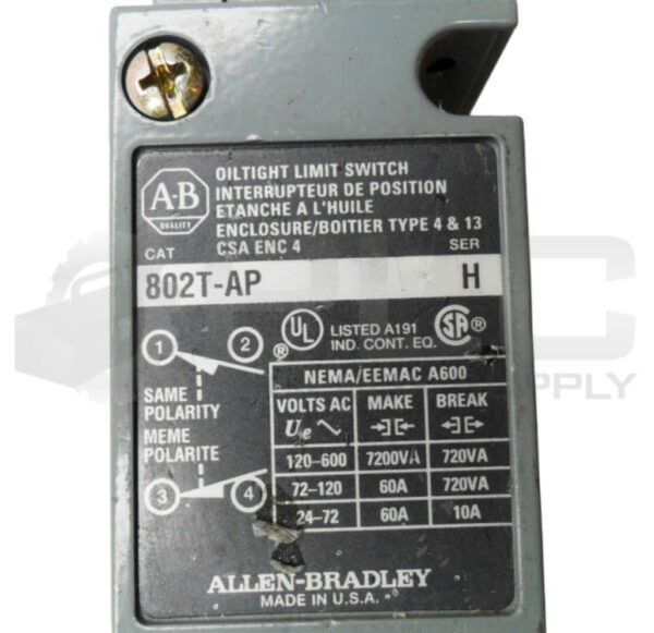 ALLEN BRADLEY 40146-113-59 OPERATOR HEAD W/ 802T-AP /H LIMIT SWITCH BODY 60VAC - Image 4