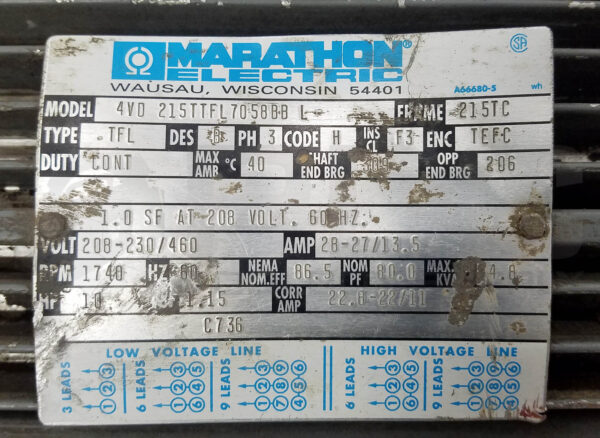 MARATHON 4VD 215TTFL7058BB L MOTOR 10HP 3PH 1740RPM FR: 215TC TYPE: TFL - Image 5