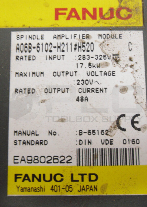 FANUC A06B-6102-H211#H520 /C SPINDLE AMPLIFIER MODULE 283-325V 48A - Image 8