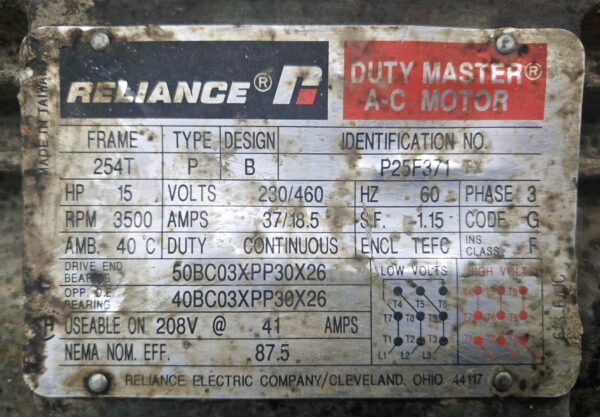 RELIANCE P25F371 AC MOTOR 15HP 3PH 3500RPM 230/460V FR: 254T - Image 5