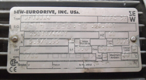 SEW EURODRIVE DFT80N4 MOTOR 1HP 1700RPM 60HZ; TEFC - Image 5