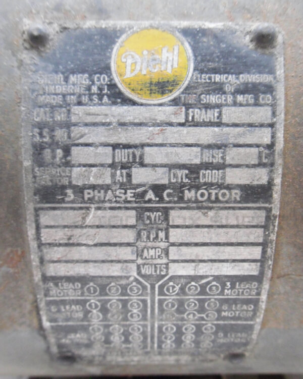 DIEHL MOTOR .5HP 3PH 3450RPM FR: D56K *READ* - Image 5