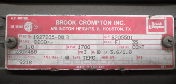 BROOK CROMPTON 1927205-002 1HP 3PH 1700RPM FR: D80B - Image 6
