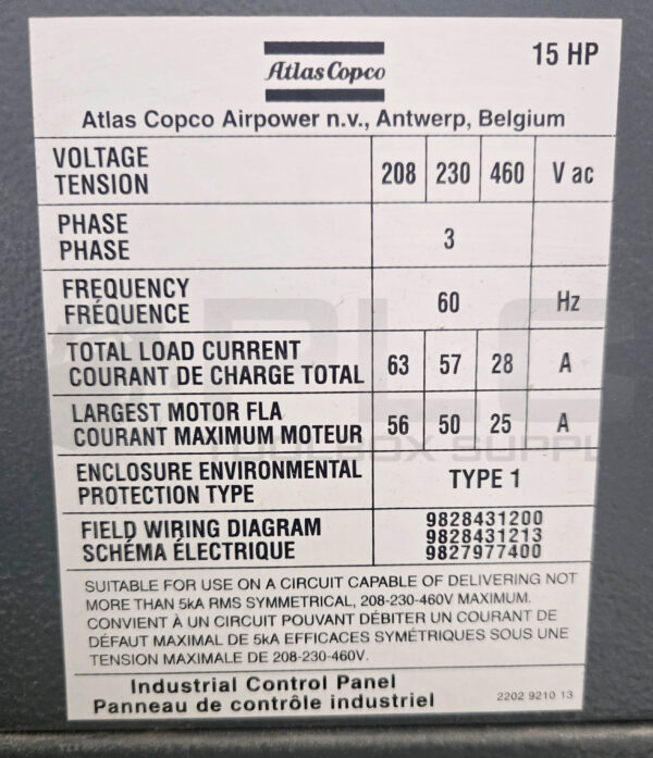 ATLAS COPCO GA11FF ROTARY SCREW AIR COMPRESSOR 128PSIG 3PH 15HP 60HZ; 8153005775 - Image 6