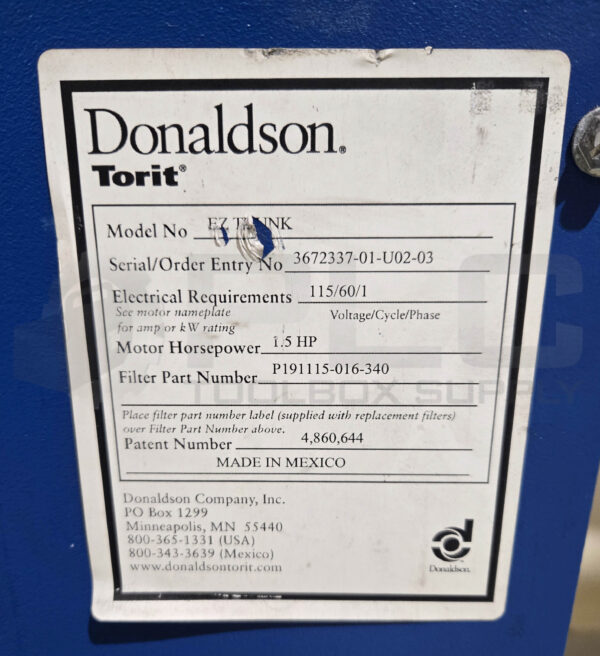 DONALDSON EZ TRUNK TORIT DUST COLLECTOR 1.5HP - Image 7