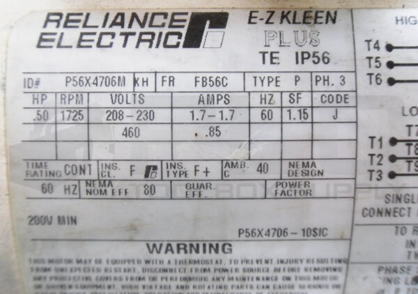 RELIANCE ELECTRIC P56X4706M MOTOR .50HP 3PH 1725RPM FR: FB56C - Image 5