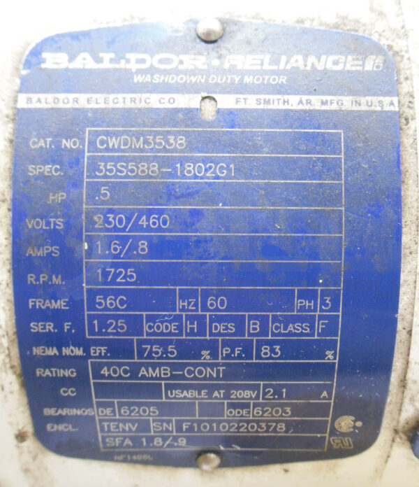 BALDOR CWDM3538 MOTOR .5HP 3PH 1725RPM FR: 56C; 35S588-1802G1 - Image 5
