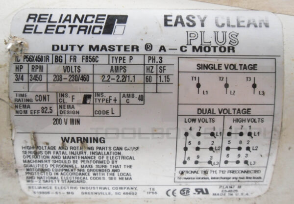 RELIANCE ELECTRIC P56X4501R AC MOTOR  3/4HP 3PH 3450RPM FR: FB56C TYPE: P - Image 5