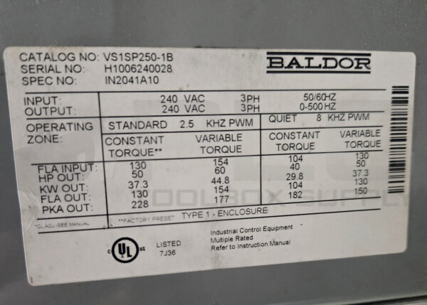 BALDOR VS1SP250-1B DRIVE 240VAC 3PH 50/60HZ; IN2041A10 *READ* - Image 6