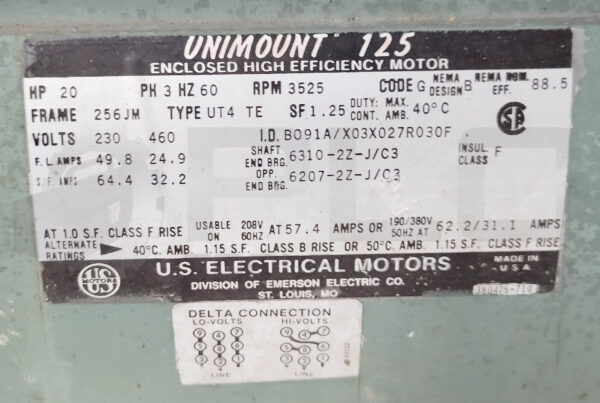 US MOTORS B091A/X03X027R030F UNIMOUNT 125 MOTOR 20 HP 256JM 3525 W/ PUMP VALVE - Image 7