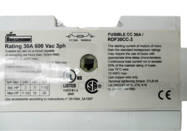 BUSSMANN RDF30CC-3 FUSIBLE DISCONNECT SWITCH 30A 600VAC 3PH - Image 5