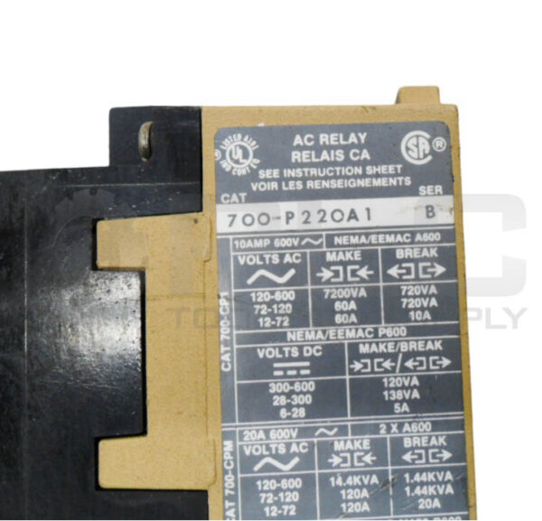 ALLEN BRADLEY 700-P220A1 /B AC RELAY 10A 600VAC W/ PA236 COIL 110-120V 50/60HZ - Image 6