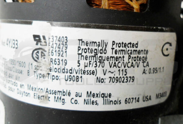DAYTON 4YJ33 BLOWER MOTOR 1/15HP 1350/1600RPM 50/6HZ 70902379 - Image 4