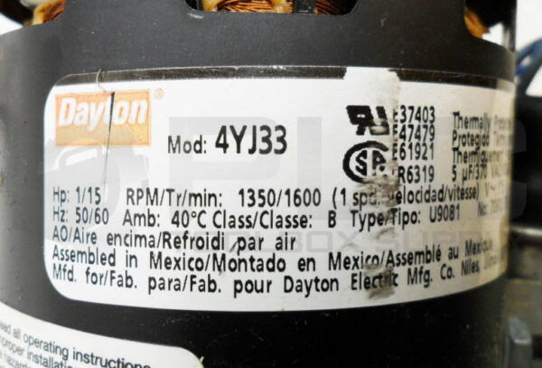 DAYTON 4YJ33 BLOWER MOTOR 1/15HP 1350/1600RPM 50/6HZ 70902379 - Image 5