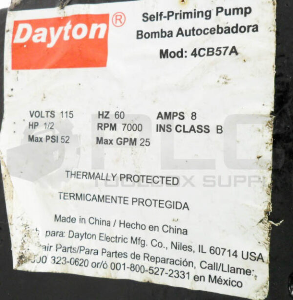 DAYTON 4CB57A SELF-PRIMING PUMP 115V 60HZ 8A 1/2HP 7000RPM 52PSI 25GPM - Image 7