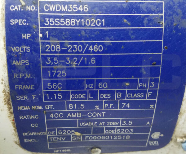 BALDOR RELIANCE CWDM3546 MOTOR 1HP 3PH 1725RPM FR: 56C *READ* - Image 7
