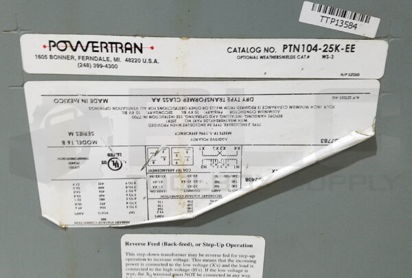 POWERTRAN PTN104-25K-EE TRANSFORMER 25KVA 1PHASE 60HZ - Image 4