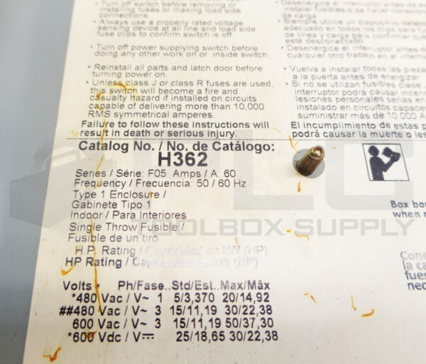 SQUARE D H362 SER F05 HEAVY DUTY SWITCH 60A - Image 6