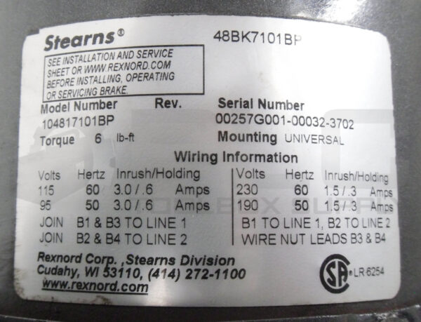BALDOR VBM3546 MOTOR 1HP 3PH 1725RPM FR:56C; 34L088X269-C W/ STEARNS 104817101BP - Image 5