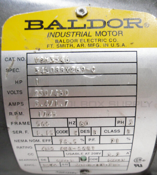 BALDOR VBM3546 MOTOR 1HP 3PH 1725RPM FR:56C; 34L088X269-C W/ STEARNS 104817101BP - Image 6