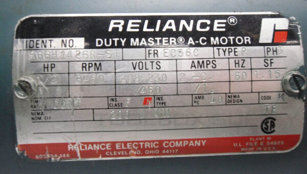 RELIANCE P66H1426R-ST AC MOTOR 1/2HP 3PH 3450RPM FR: EC56C TYPE: P - Image 5