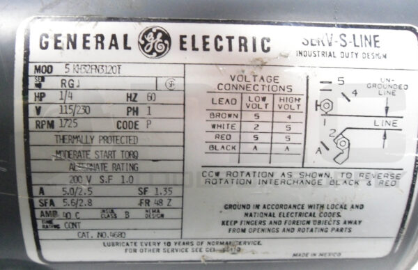 GENERAL ELECTRIC 5KH32FN3120T MOTOR 1/4HP 1PH 1725RPM FR: 48Z - Image 5