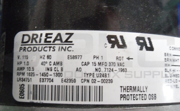 DRI-EAZ MOTOR 1HP 1PH 1625RPM 115V 60HZ 10.5A U24B1 CPN02-00239 7124-1963 E58977 - Image 4
