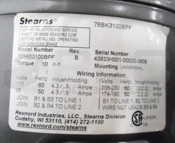 BALDOR BM3558T MOTOR 2HP 1725RPM 35A21-872-C W/ STEARNS 105603100BPF *FOR PARTS* - Image 6